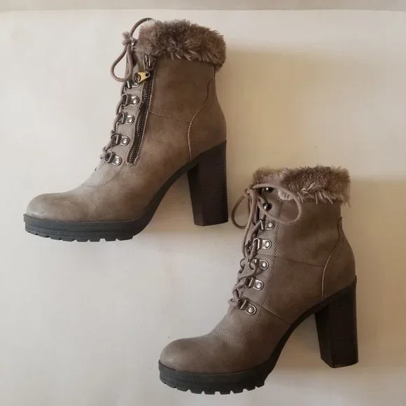 G by Guess Taupe Lace Up Faux Fur Heeled Boots w/ Zipper  size 9 - Picture 8 of 10